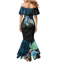 Hawaiian Couple Turtles Honi Mermaid Dress Polynesian Art Motifs and Hibiscus Black Blue Color - Polynesian Pride