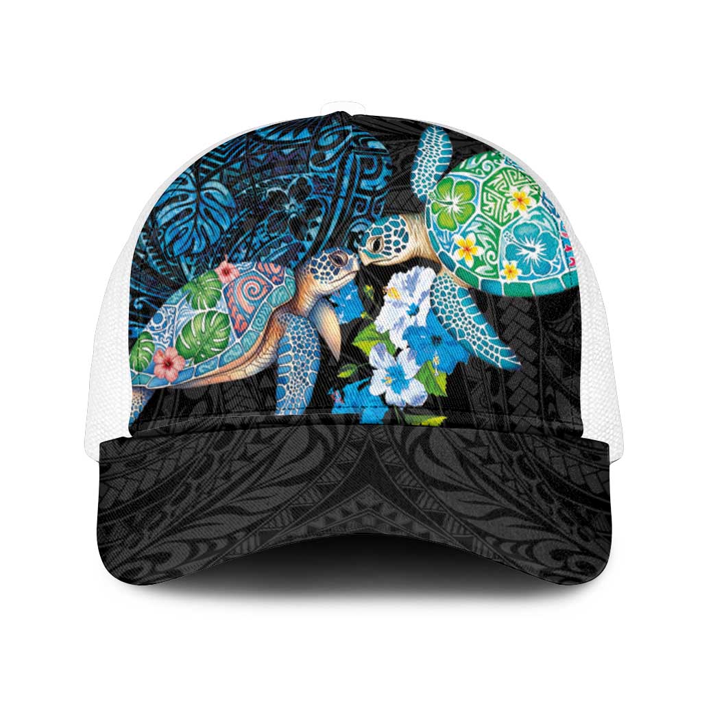 Hawaiian Couple Turtles Honi Mesh Trucker Cap Polynesian Art Motifs and Hibiscus Black Blue Color - Polynesian Pride