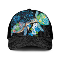 Hawaiian Couple Turtles Honi Mesh Trucker Cap Polynesian Art Motifs and Hibiscus Black Blue Color - Polynesian Pride
