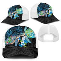 Hawaiian Couple Turtles Honi Mesh Trucker Cap Polynesian Art Motifs and Hibiscus Black Blue Color - Polynesian Pride