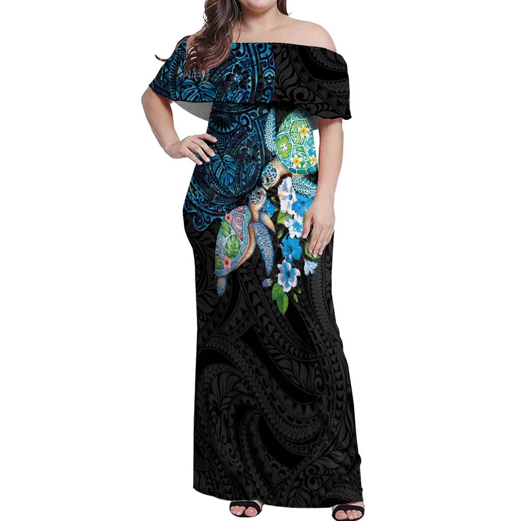 Hawaiian Couple Turtles Honi Off Shoulder Maxi Dress Polynesian Art Motifs and Hibiscus Black Blue Color - Polynesian Pride