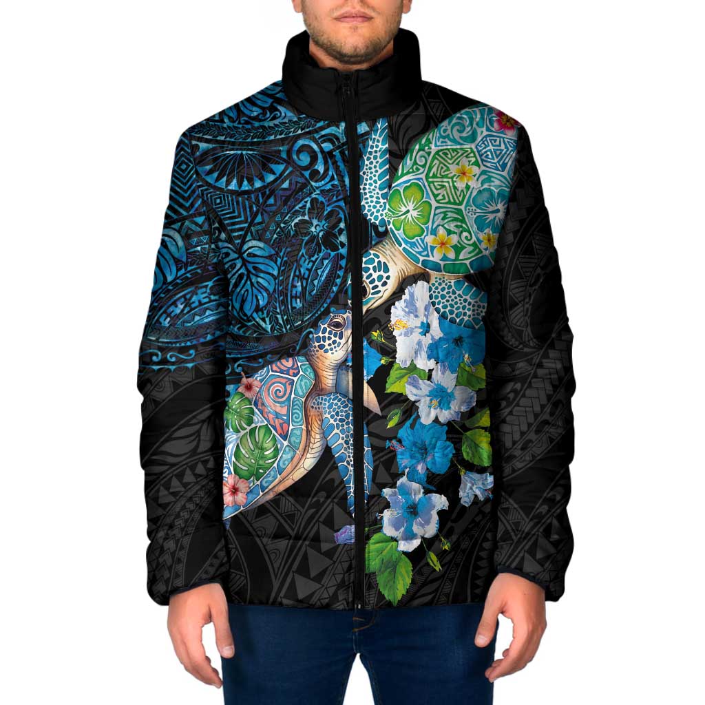 Hawaiian Couple Turtles Honi Padded Jacket Polynesian Art Motifs and Hibiscus Black Blue Color LT03 Men Black - Polynesian Pride