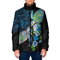 Hawaiian Couple Turtles Honi Padded Jacket Polynesian Art Motifs and Hibiscus Black Blue Color - Polynesian Pride