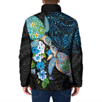Hawaiian Couple Turtles Honi Padded Jacket Polynesian Art Motifs and Hibiscus Black Blue Color - Polynesian Pride