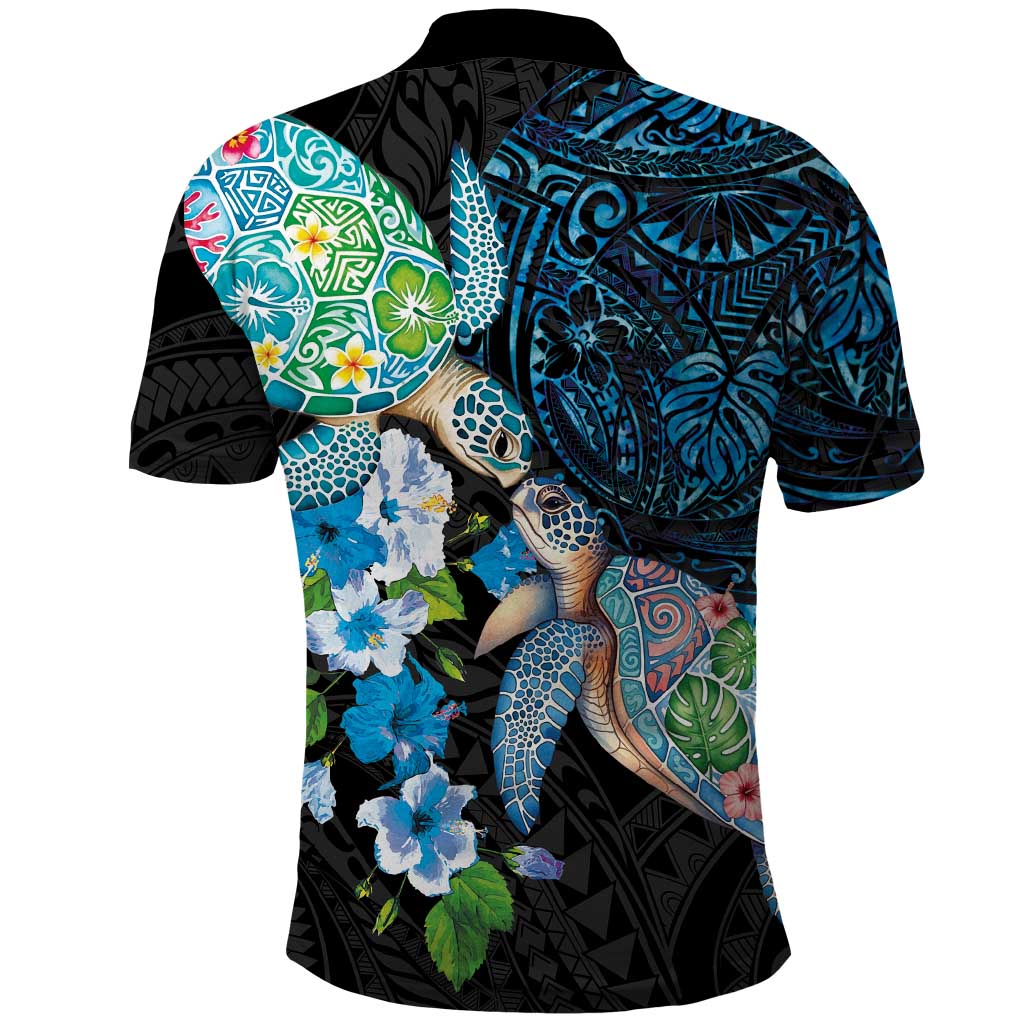 Hawaiian Couple Turtles Honi Polo Shirt Polynesian Art Motifs and Hibiscus Black Blue Color - Polynesian Pride