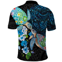 Hawaiian Couple Turtles Honi Polo Shirt Polynesian Art Motifs and Hibiscus Black Blue Color - Polynesian Pride