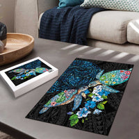 Hawaiian Couple Turtles Honi Puzzle Polynesian Art Motifs and Hibiscus Black Blue Color - Polynesian Pride