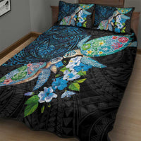 Hawaiian Couple Turtles Honi Quilt Bed Set Polynesian Art Motifs and Hibiscus Black Blue Color - Polynesian Pride