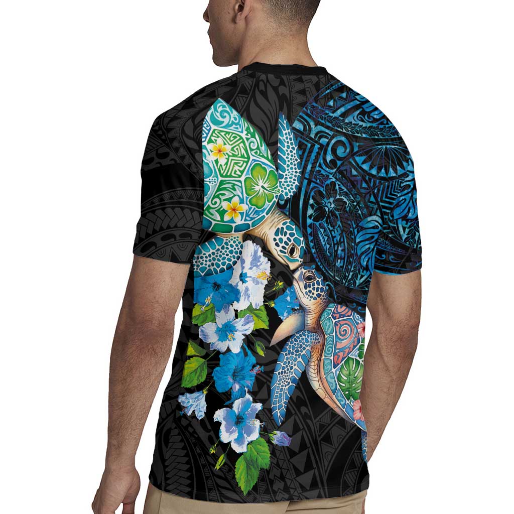 Hawaiian Couple Turtles Honi Rugby Jersey Polynesian Art Motifs and Hibiscus Black Blue Color - Polynesian Pride