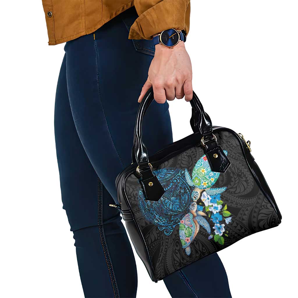 Hawaiian Couple Turtles Honi Shoulder Handbag Polynesian Art Motifs and Hibiscus Black Blue Color - Polynesian Pride