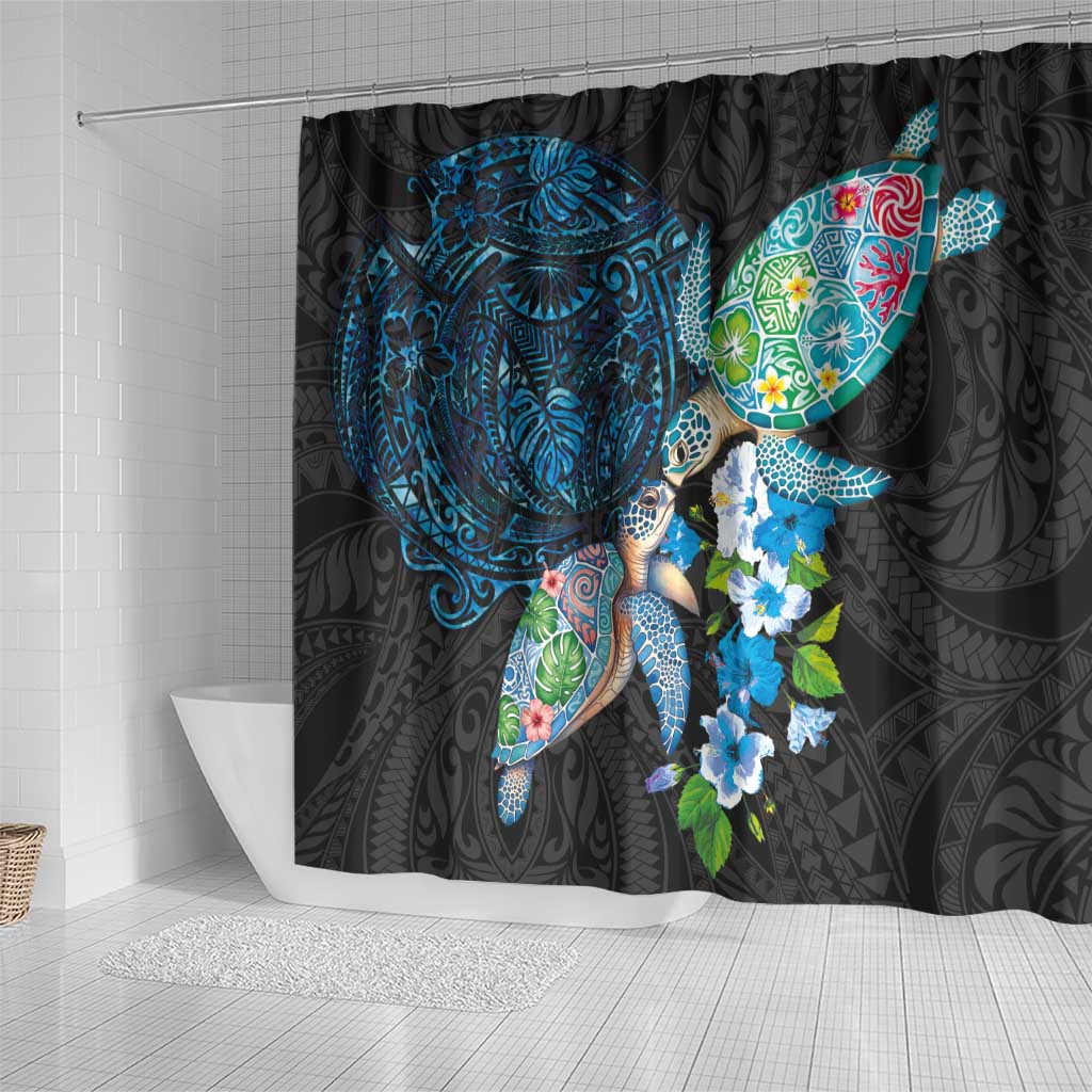 Hawaiian Couple Turtles Honi Shower Curtain Polynesian Art Motifs and Hibiscus Black Blue Color - Polynesian Pride