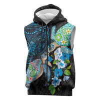 Hawaiian Couple Turtles Honi Sleeveless Zip Hoodie Polynesian Art Motifs and Hibiscus Black Blue Color - Polynesian Pride