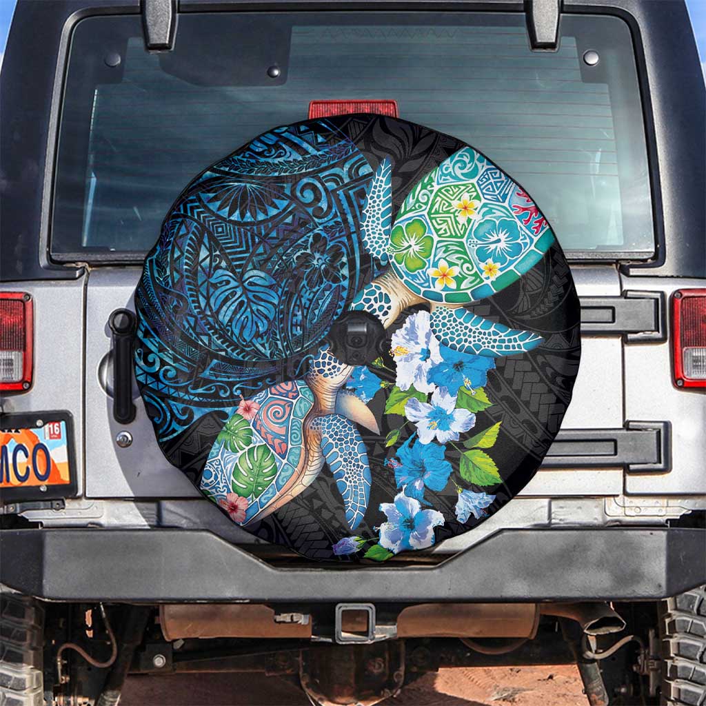 Hawaiian Couple Turtles Honi Spare Tire Cover Polynesian Art Motifs and Hibiscus Black Blue Color - Polynesian Pride