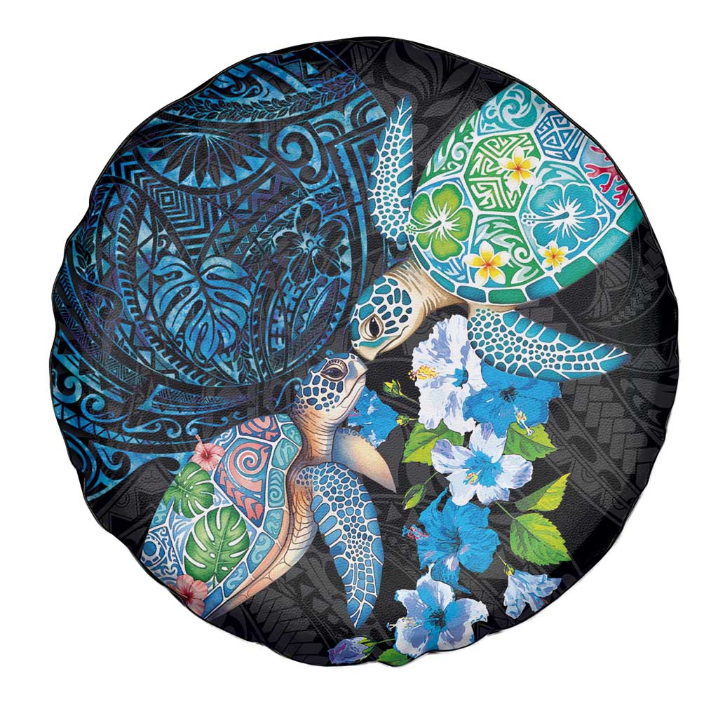 Hawaiian Couple Turtles Honi Spare Tire Cover Polynesian Art Motifs and Hibiscus Black Blue Color - Polynesian Pride