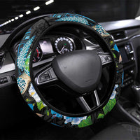 Hawaiian Couple Turtles Honi Steering Wheel Cover Polynesian Art Motifs and Hibiscus Black Blue Color - Polynesian Pride