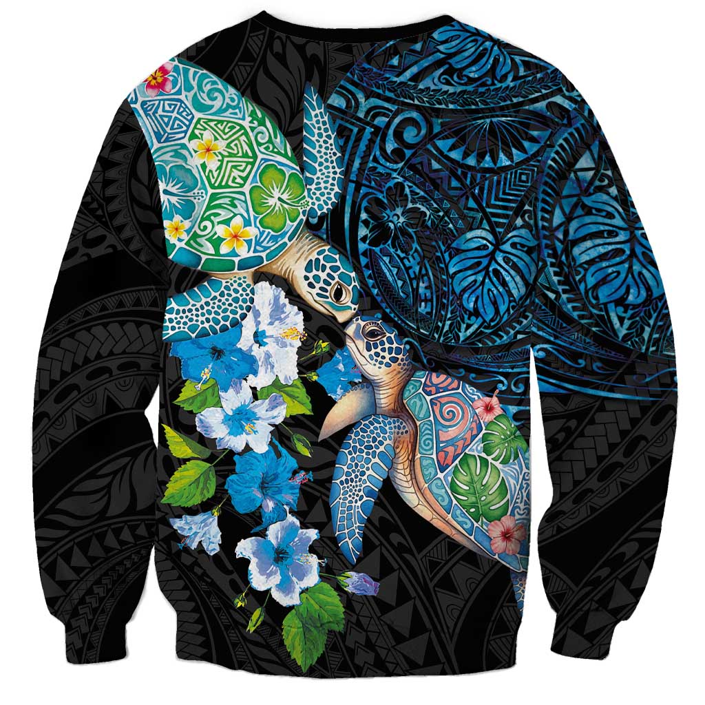 Hawaiian Couple Turtles Honi Sweatshirt Polynesian Art Motifs and Hibiscus Black Blue Color - Polynesian Pride