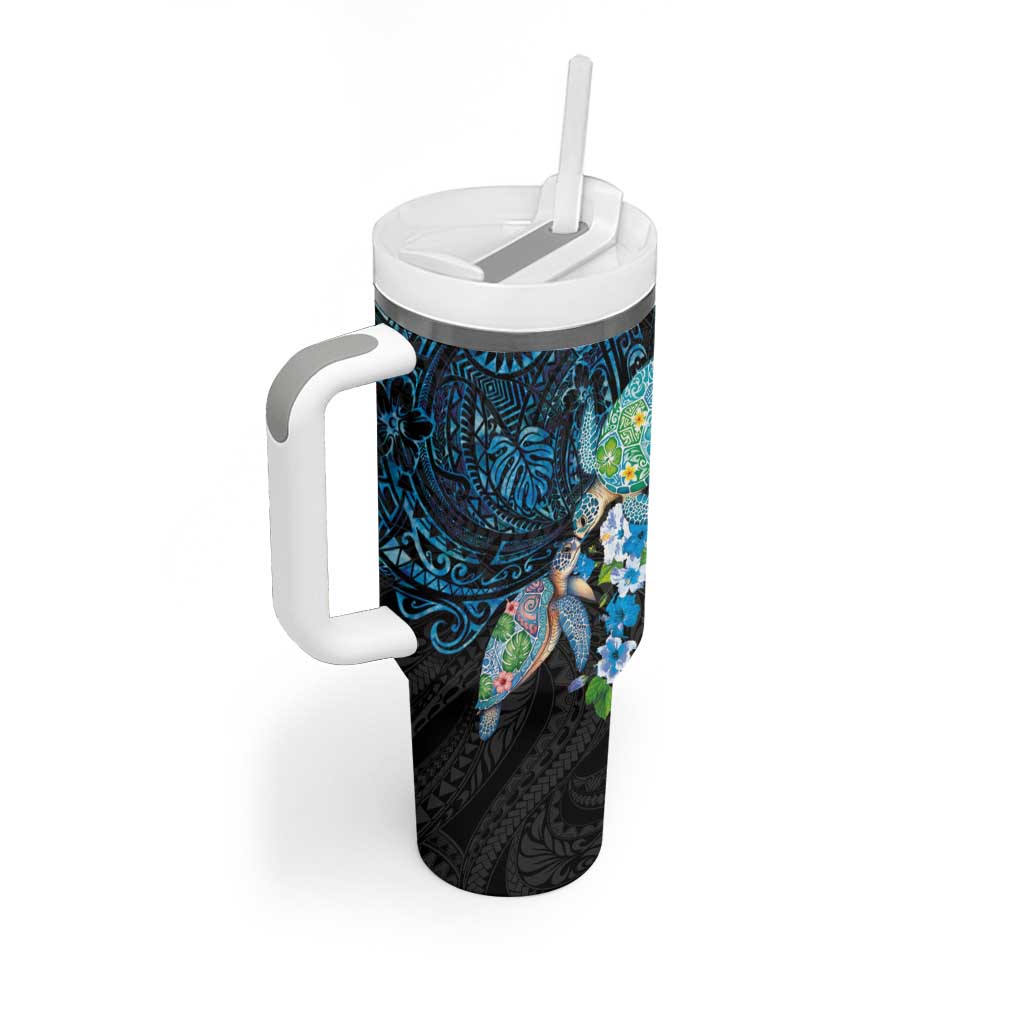 Hawaiian Couple Turtles Honi Tumbler With Handle Polynesian Art Motifs and Hibiscus Black Blue Color - Polynesian Pride
