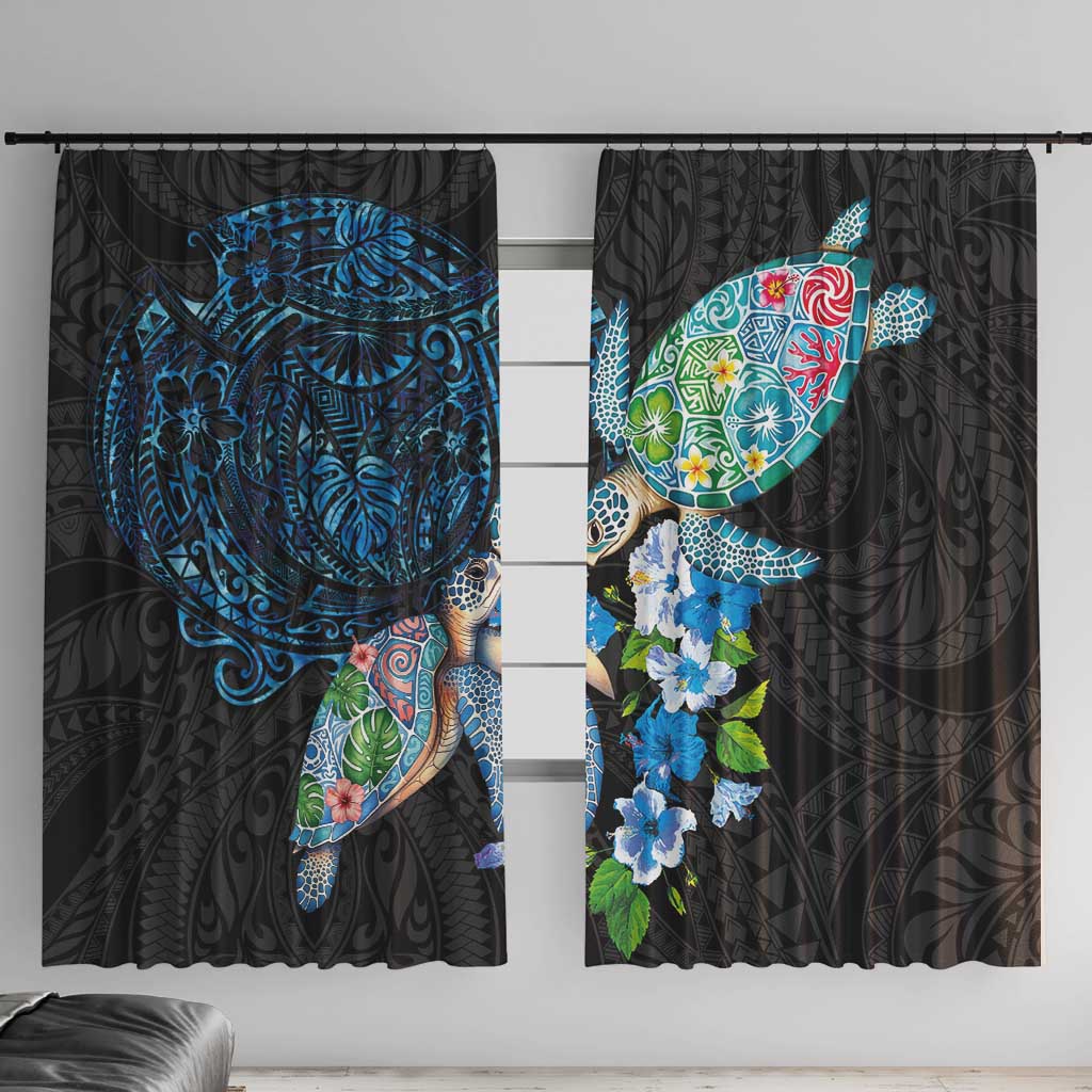Hawaiian Couple Turtles Honi Window Curtain Polynesian Art Motifs and Hibiscus Black Blue Color - Polynesian Pride