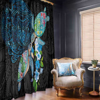 Hawaiian Couple Turtles Honi Window Curtain Polynesian Art Motifs and Hibiscus Black Blue Color - Polynesian Pride