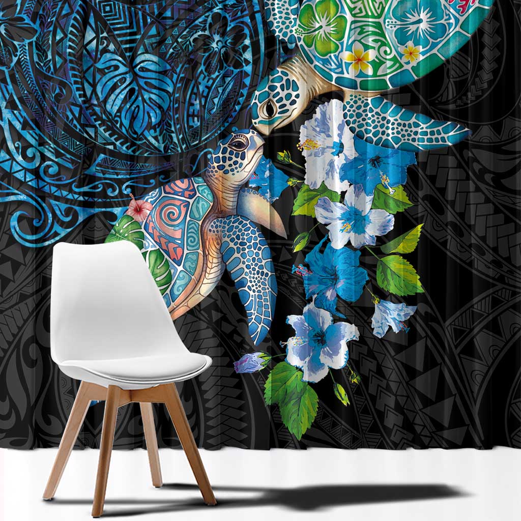Hawaiian Couple Turtles Honi Window Curtain Polynesian Art Motifs and Hibiscus Black Blue Color - Polynesian Pride