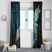 Hawaiian Couple Turtles Honi Window Curtain Polynesian Art Motifs and Hibiscus Black Blue Color - Polynesian Pride