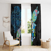 Hawaiian Couple Turtles Honi Window Curtain Polynesian Art Motifs and Hibiscus Black Blue Color - Polynesian Pride