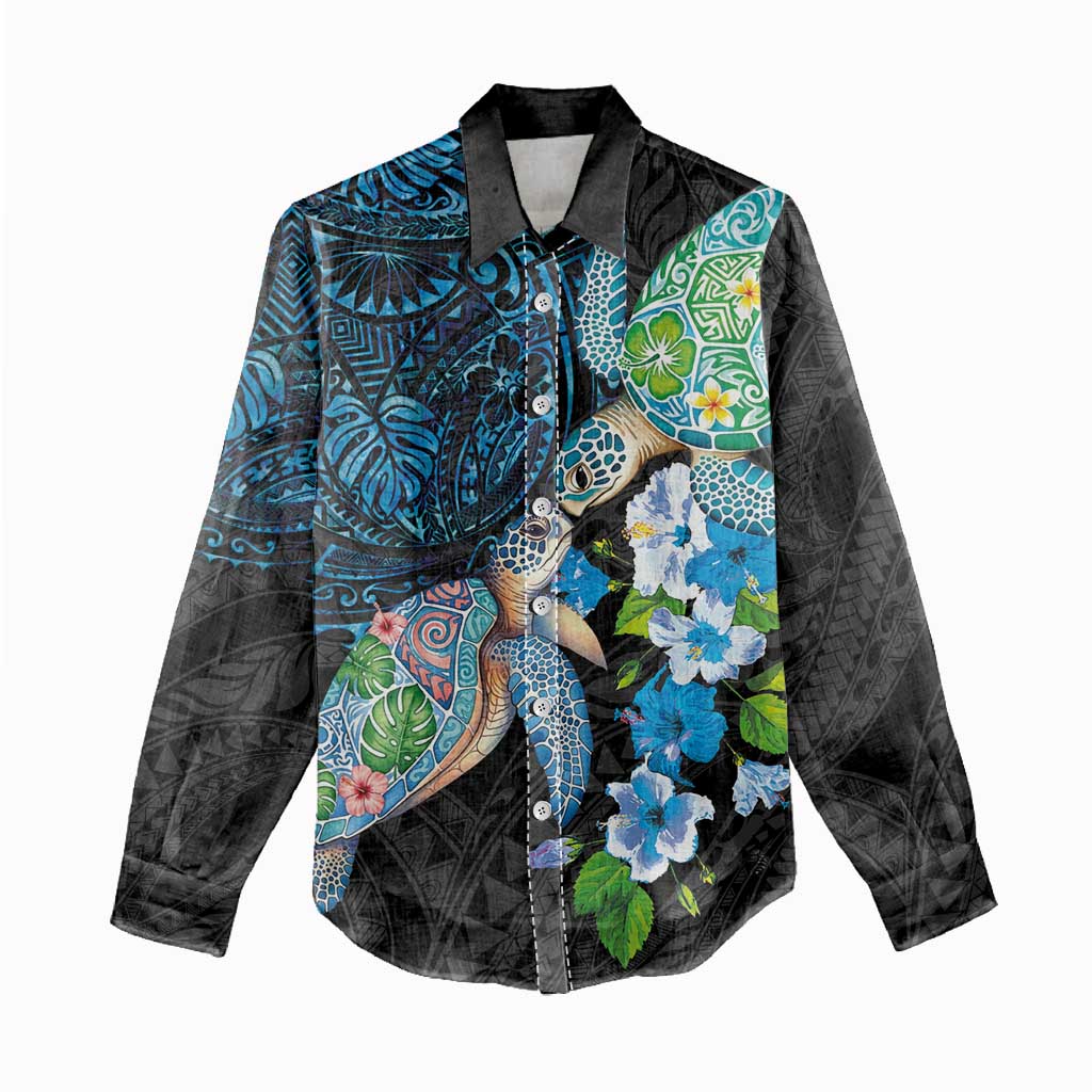 Hawaiian Couple Turtles Honi Women Casual Shirt Polynesian Art Motifs and Hibiscus Black Blue Color - Polynesian Pride