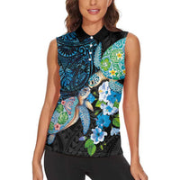Hawaiian Couple Turtles Honi Women Sleeveless Polo Shirt Polynesian Art Motifs and Hibiscus Black Blue Color - Polynesian Pride