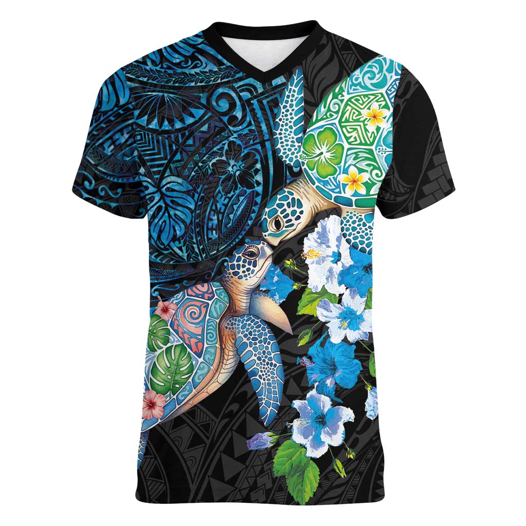 Hawaiian Couple Turtles Honi Women V-Neck T-Shirt Polynesian Art Motifs and Hibiscus Black Blue Color LT03 Female Black - Polynesian Pride