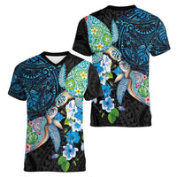 Hawaiian Couple Turtles Honi Women V-Neck T-Shirt Polynesian Art Motifs and Hibiscus Black Blue Color - Polynesian Pride