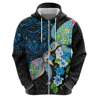 Hawaiian Couple Turtles Honi Zip Hoodie Polynesian Art Motifs and Hibiscus Black Blue Color - Polynesian Pride