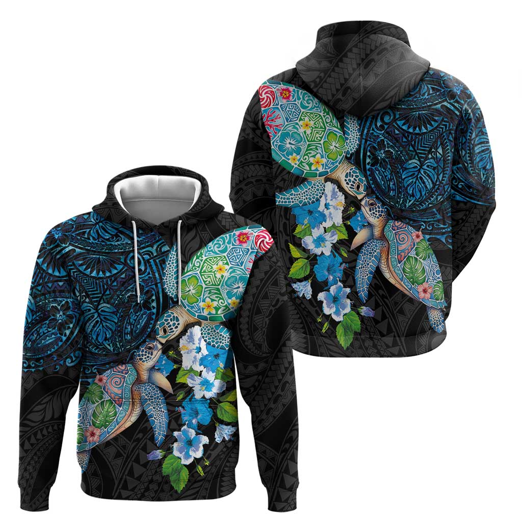 Hawaiian Couple Turtles Honi Zip Hoodie Polynesian Art Motifs and Hibiscus Black Blue Color - Polynesian Pride