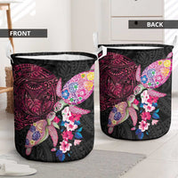Hawaiian Couple Turtles Honi Laundry Basket Polynesian Art Motifs and Hibiscus Black Red Color - Polynesian Pride