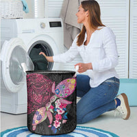 Hawaiian Couple Turtles Honi Laundry Basket Polynesian Art Motifs and Hibiscus Black Red Color - Polynesian Pride