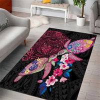 Hawaiian Couple Turtles Honi Area Rug Polynesian Art Motifs and Hibiscus Black Red Color - Polynesian Pride