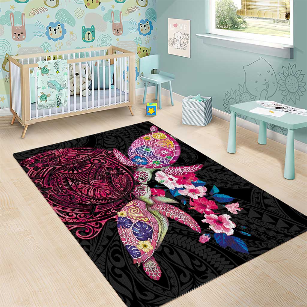 Hawaiian Couple Turtles Honi Area Rug Polynesian Art Motifs and Hibiscus Black Red Color - Polynesian Pride