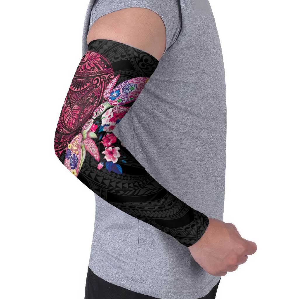 Hawaiian Couple Turtles Honi Arm Sleeves Polynesian Art Motifs and Hibiscus Black Red Color - Polynesian Pride