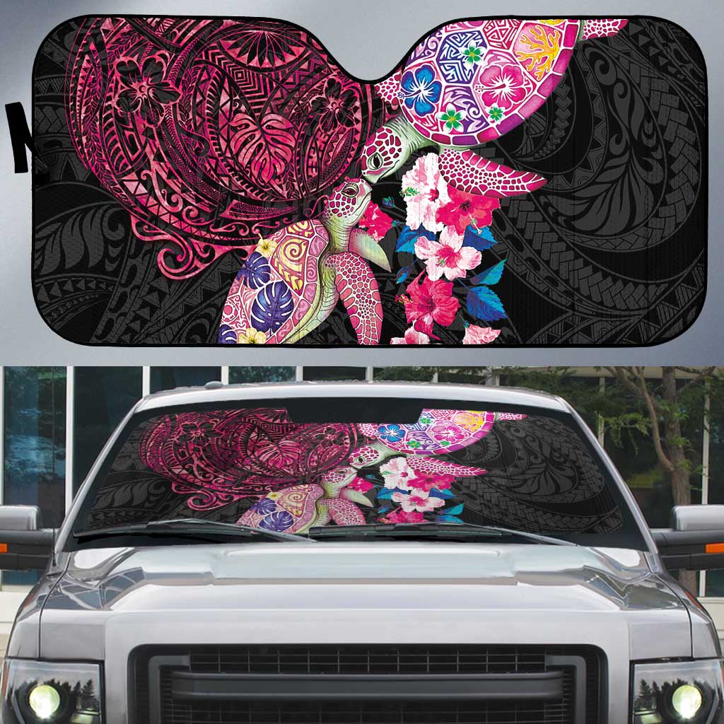 Hawaiian Couple Turtles Honi Auto Sun Shade Polynesian Art Motifs and Hibiscus Black Red Color - Polynesian Pride