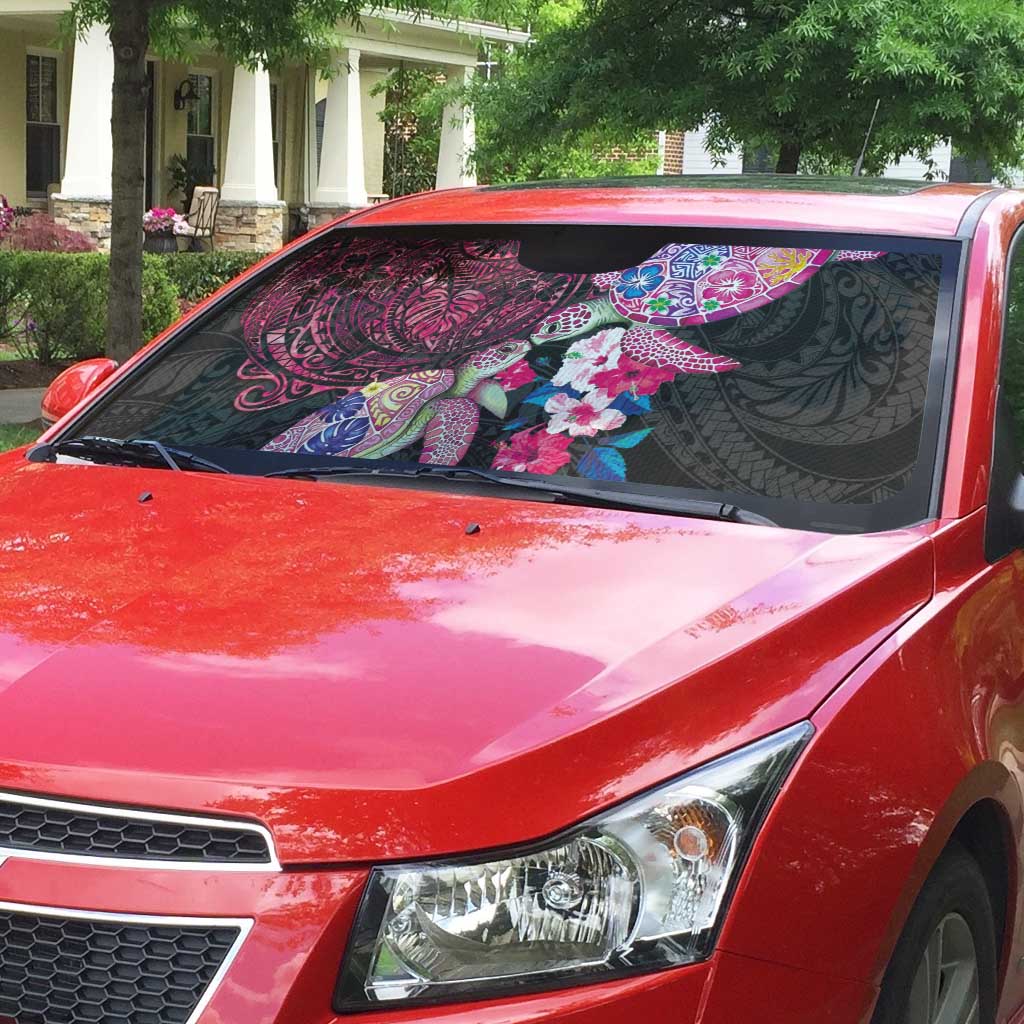 Hawaiian Couple Turtles Honi Auto Sun Shade Polynesian Art Motifs and Hibiscus Black Red Color - Polynesian Pride