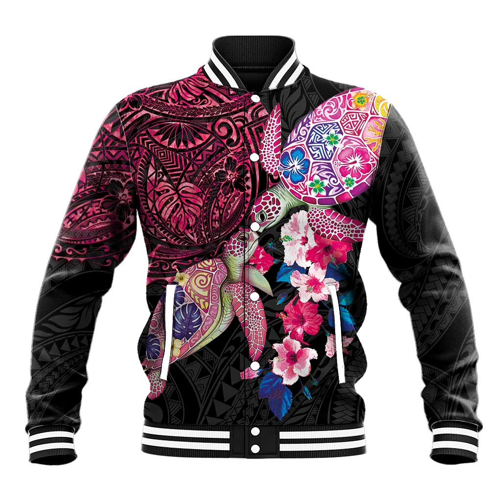 Hawaiian Couple Turtles Honi Baseball Jacket Polynesian Art Motifs and Hibiscus Black Red Color - Polynesian Pride