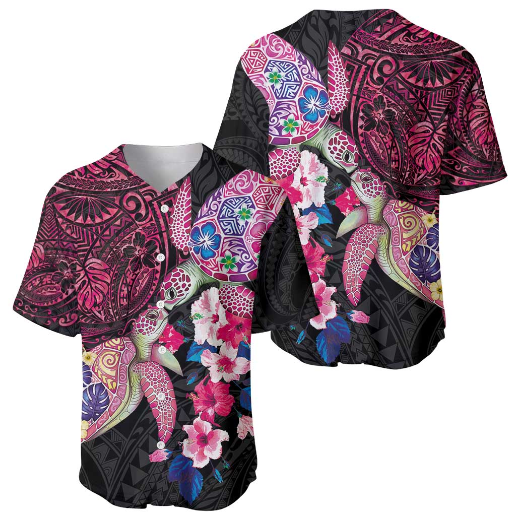 Hawaiian Couple Turtles Honi Baseball Jersey Polynesian Art Motifs and Hibiscus Black Red Color - Polynesian Pride