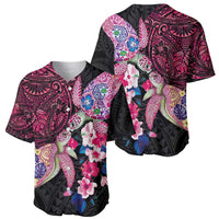 Hawaiian Couple Turtles Honi Baseball Jersey Polynesian Art Motifs and Hibiscus Black Red Color - Polynesian Pride