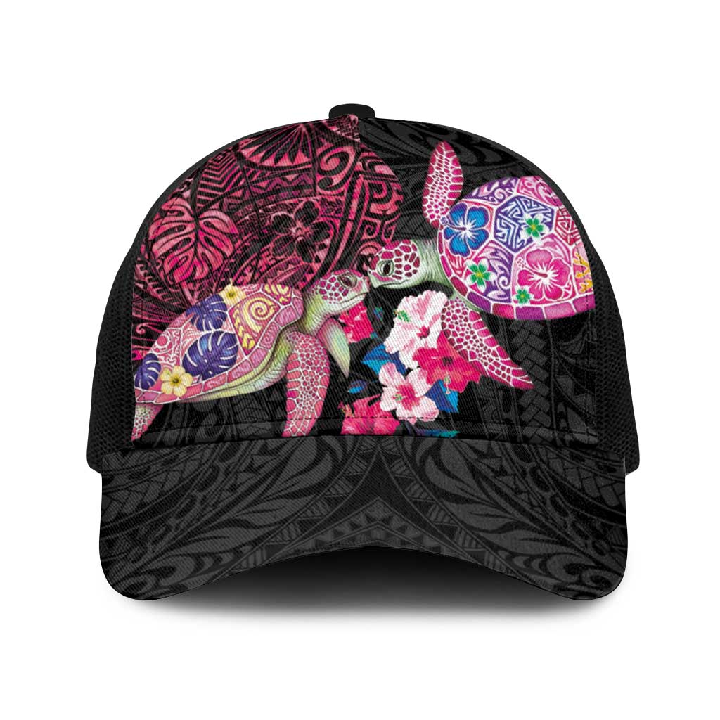 Hawaiian Couple Turtles Honi Baseball Net Cap Polynesian Art Motifs and Hibiscus Black Red Color - Polynesian Pride
