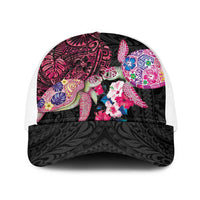 Hawaiian Couple Turtles Honi Baseball Net Cap Polynesian Art Motifs and Hibiscus Black Red Color - Polynesian Pride