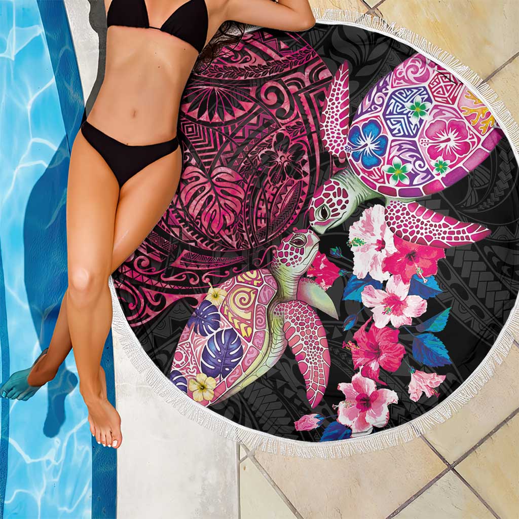 Hawaiian Couple Turtles Honi Beach Blanket Polynesian Art Motifs and Hibiscus Black Red Color - Polynesian Pride