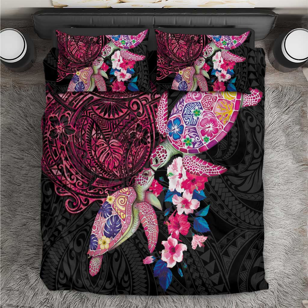 Hawaiian Couple Turtles Honi Bedding Set Polynesian Art Motifs and Hibiscus Black Red Color - Polynesian Pride