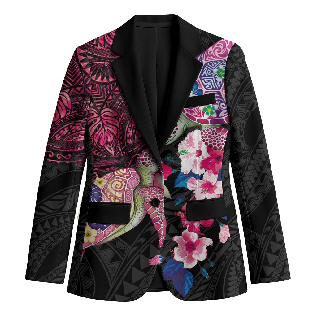 Hawaiian Couple Turtles Honi Blazer Polynesian Art Motifs and Hibiscus Black Red Color - Polynesian Pride