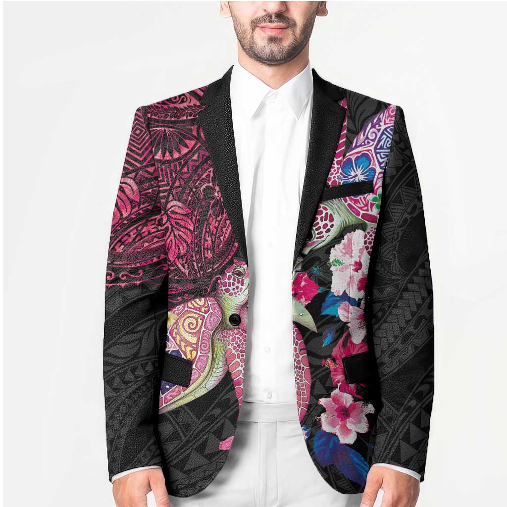 Hawaiian Couple Turtles Honi Blazer Polynesian Art Motifs and Hibiscus Black Red Color - Polynesian Pride