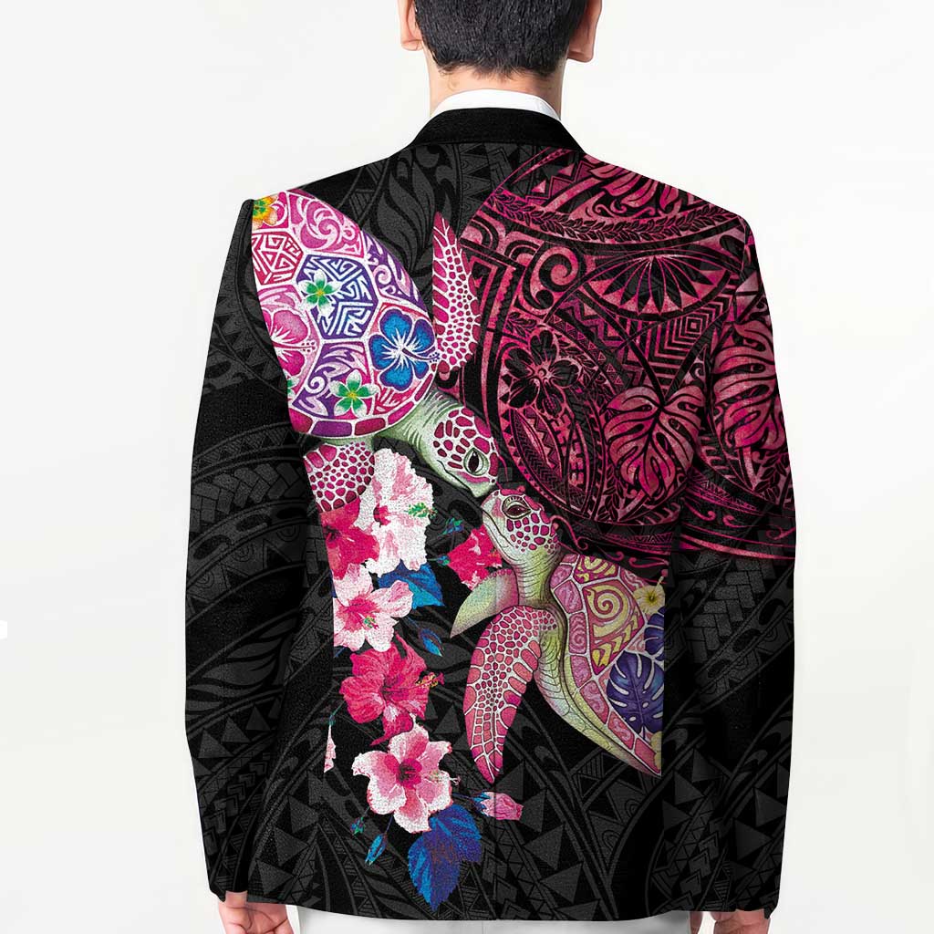 Hawaiian Couple Turtles Honi Blazer Polynesian Art Motifs and Hibiscus Black Red Color - Polynesian Pride