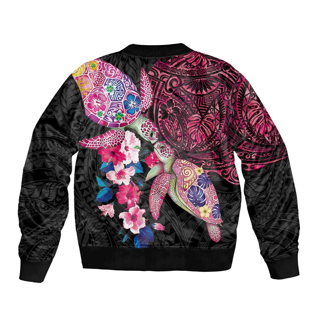 Hawaiian Couple Turtles Honi Bomber Jacket Polynesian Art Motifs and Hibiscus Black Red Color - Polynesian Pride